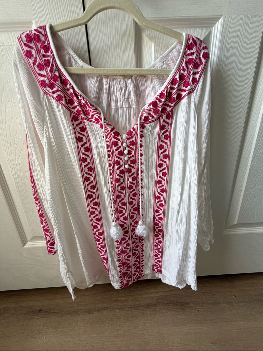 Soft Surroundings White Boho Tunic with Pink Embroidery